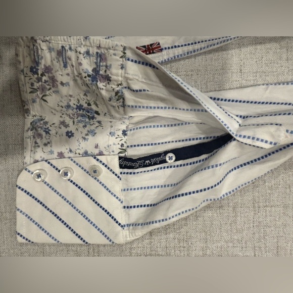ENGLISH LAUNDRY long sleeve blue white stripe floral KNIGHTS SHIELD shirt. Large - Picture 12 of 16